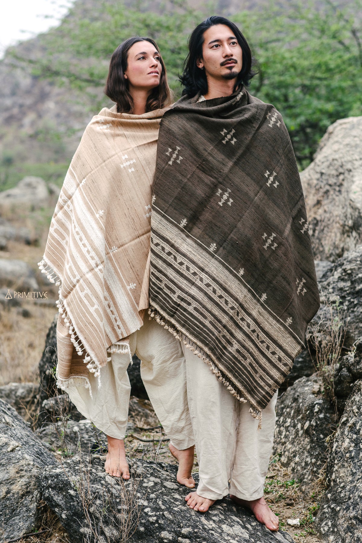 Gujarati Tribal Shawl ⋙ Light Brown, Handwoven Wool & Silk Shawl