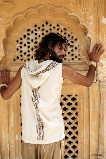 Hemuna Sleeveless Shirt with Hoodie ⋗ Traditional Block Print ⋖ Handwoven Raw Silk