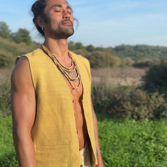 Man wearing camel khadi cotton vest – front view, lightweight handwoven cotton
