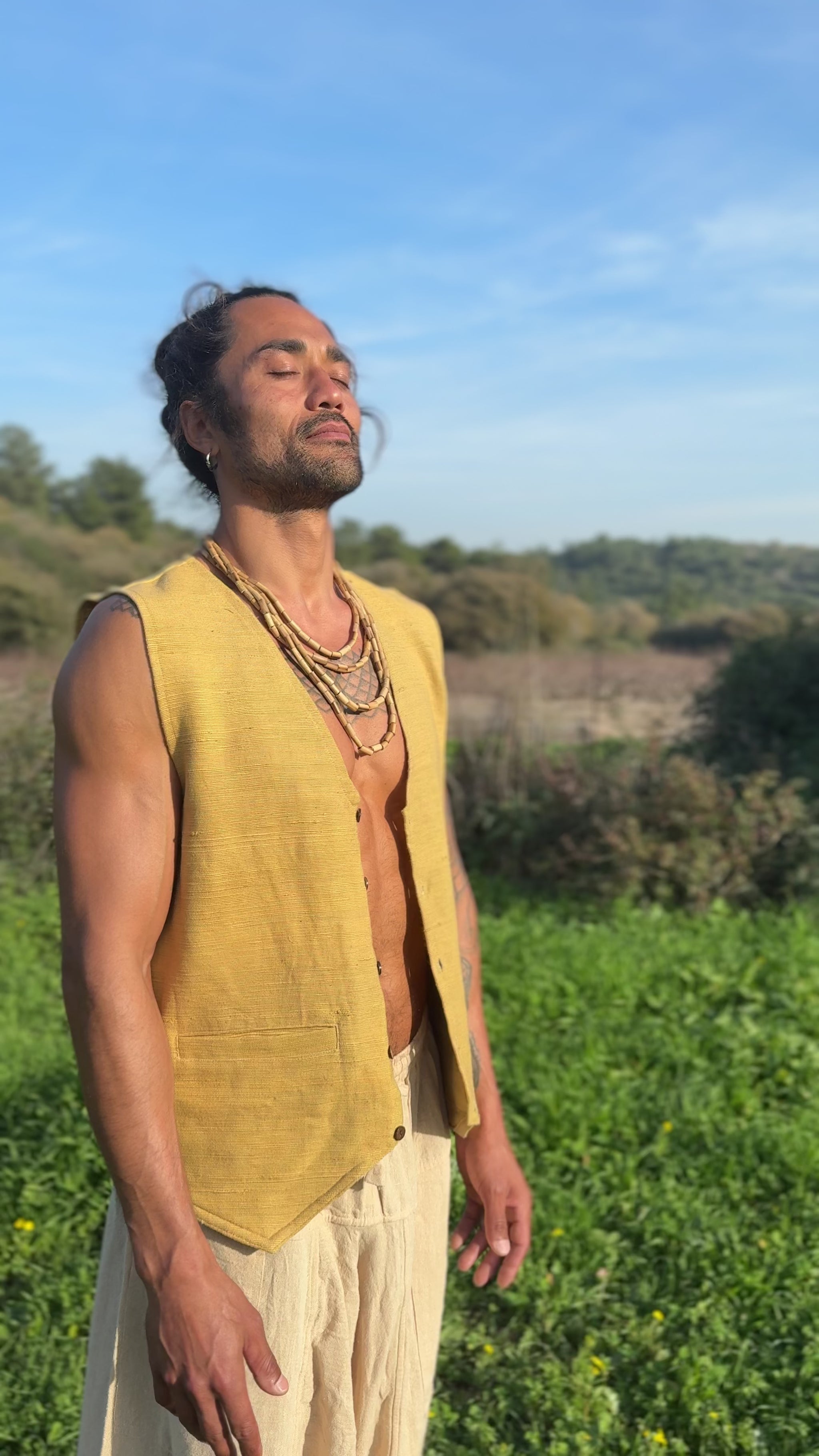 Man wearing camel khadi cotton vest – front view, lightweight handwoven cotton