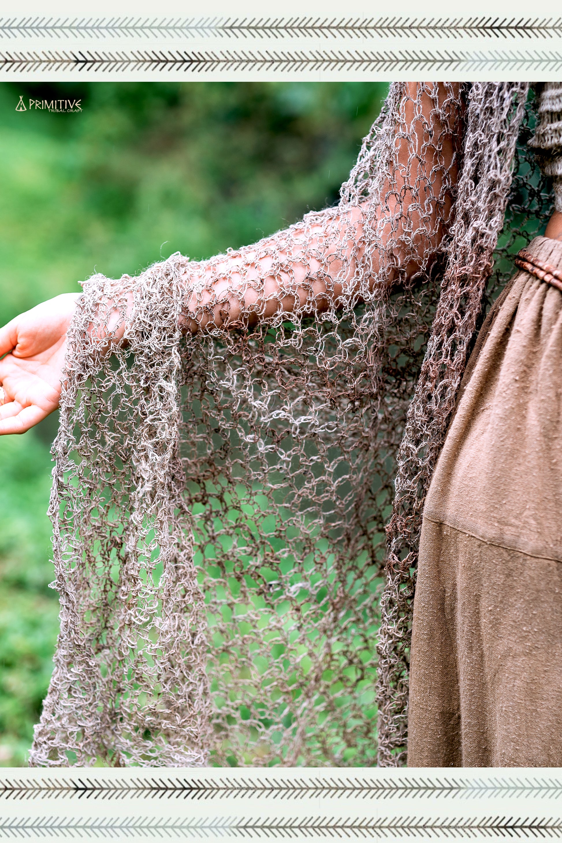 Close up texture of 100% wild nettle fiber knitted into a large shawl, showcasing the natural beige tone and rustic, sustainable quality.