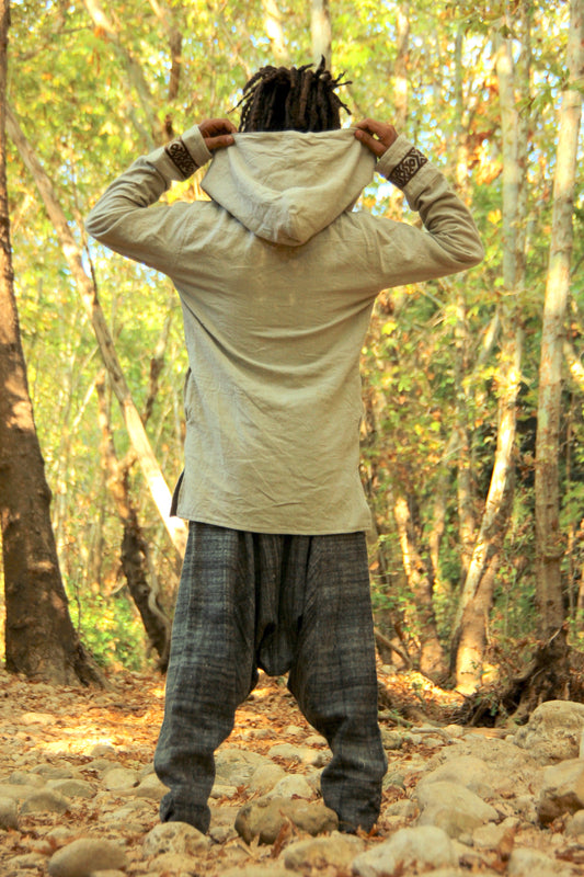 Men Jacket with Hoodie ⫸ made of Linen & Handwoven Wool ⫸ with Tribal Embroidery Pattern and Coconut Buttons