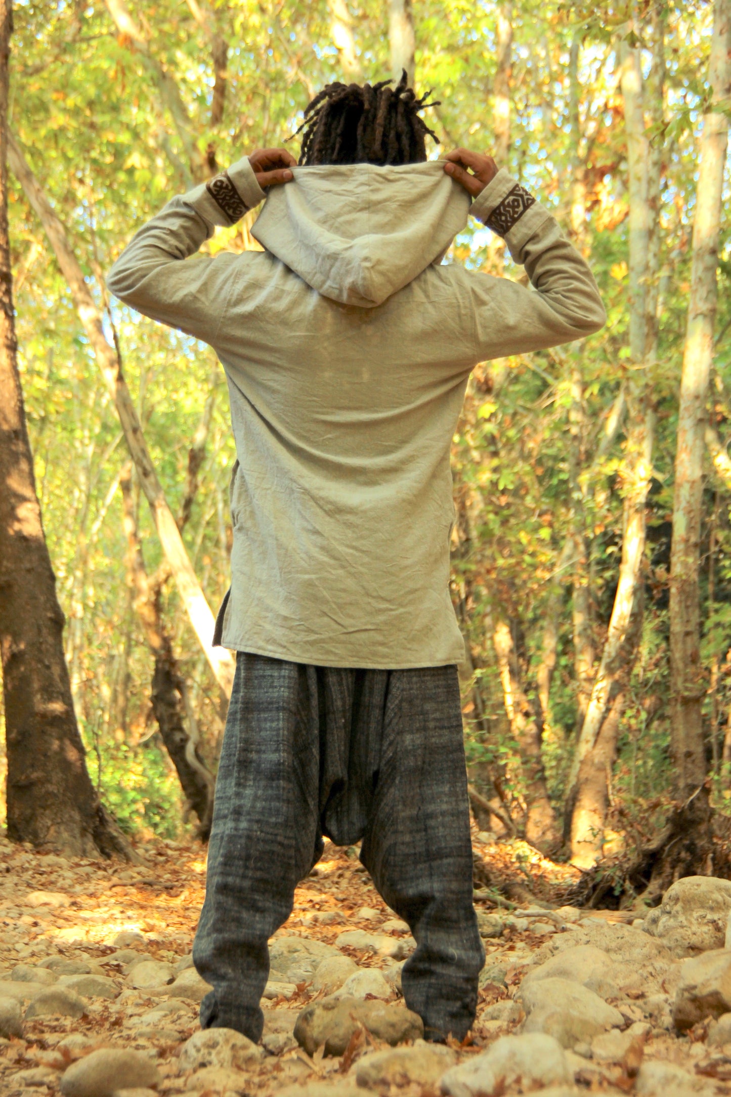 Men Jacket with Hoodie ⫸ made of Linen & Handwoven Wool ⫸ with Tribal Embroidery Pattern and Coconut Buttons