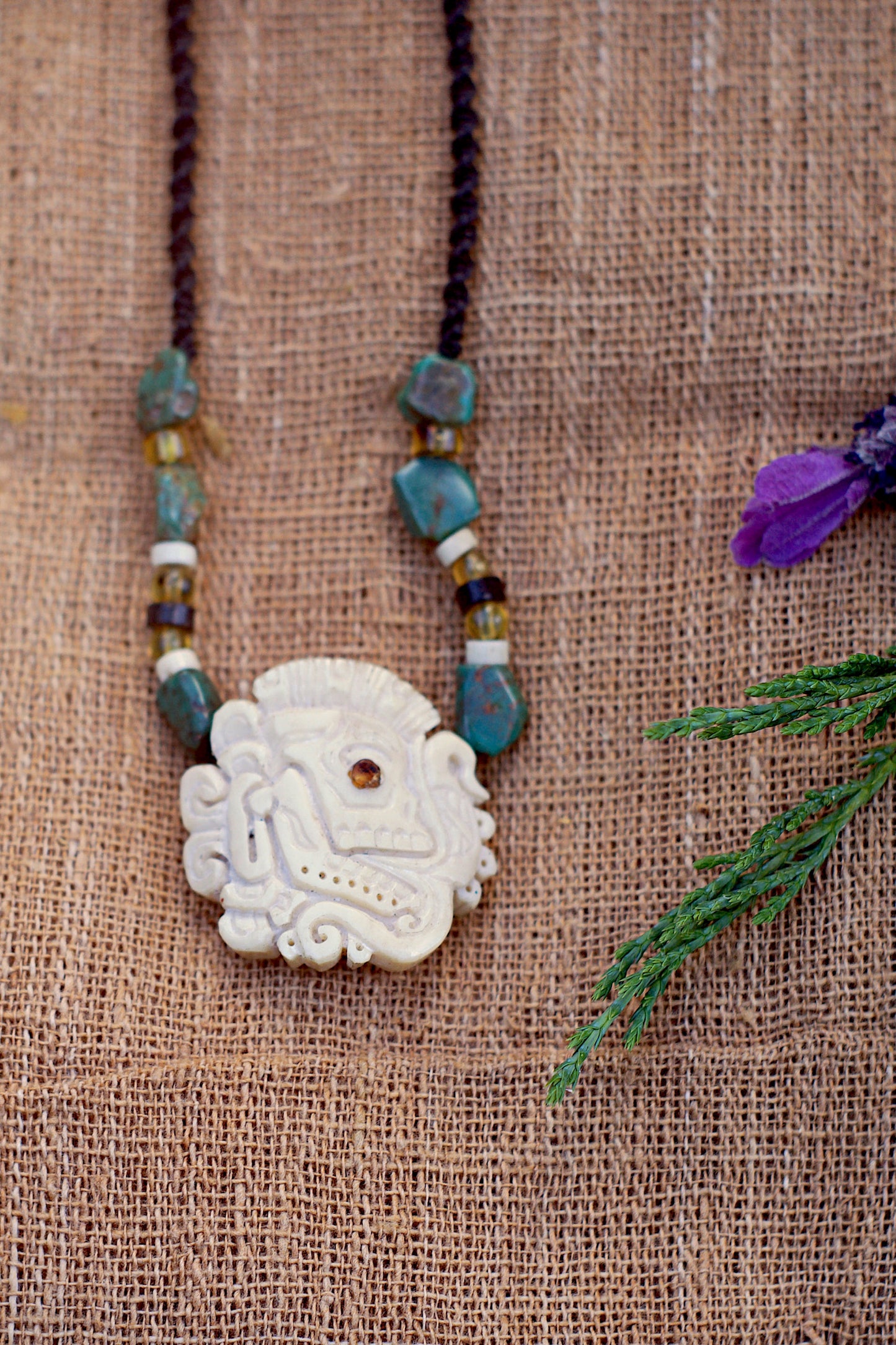 Mayan Carved Bone Jade and Amber Necklace ⋙