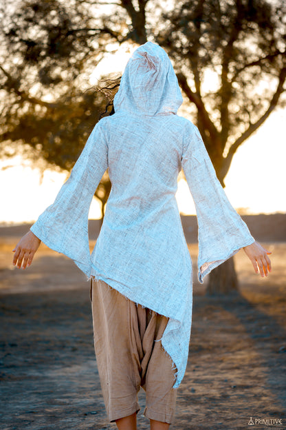Asymmetrical Dress with Hoodie Handwoven Khadi Cotton - Xs size Asymmetrical Dress with Hoodie Handwoven Khadi Cotton - Xs size