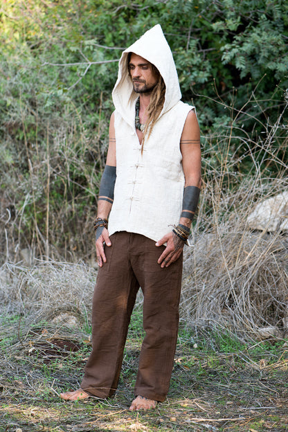 Tibetan Vest with Hoodie ⋗⋙ Natural Khadi Cotton