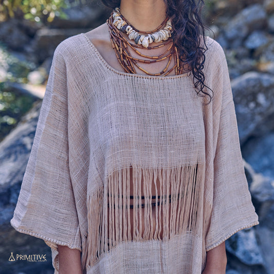 Frayed Coyuchi Cotton Kaftan >> Native Brown Cotton >> Hand Stitched Kaftan
