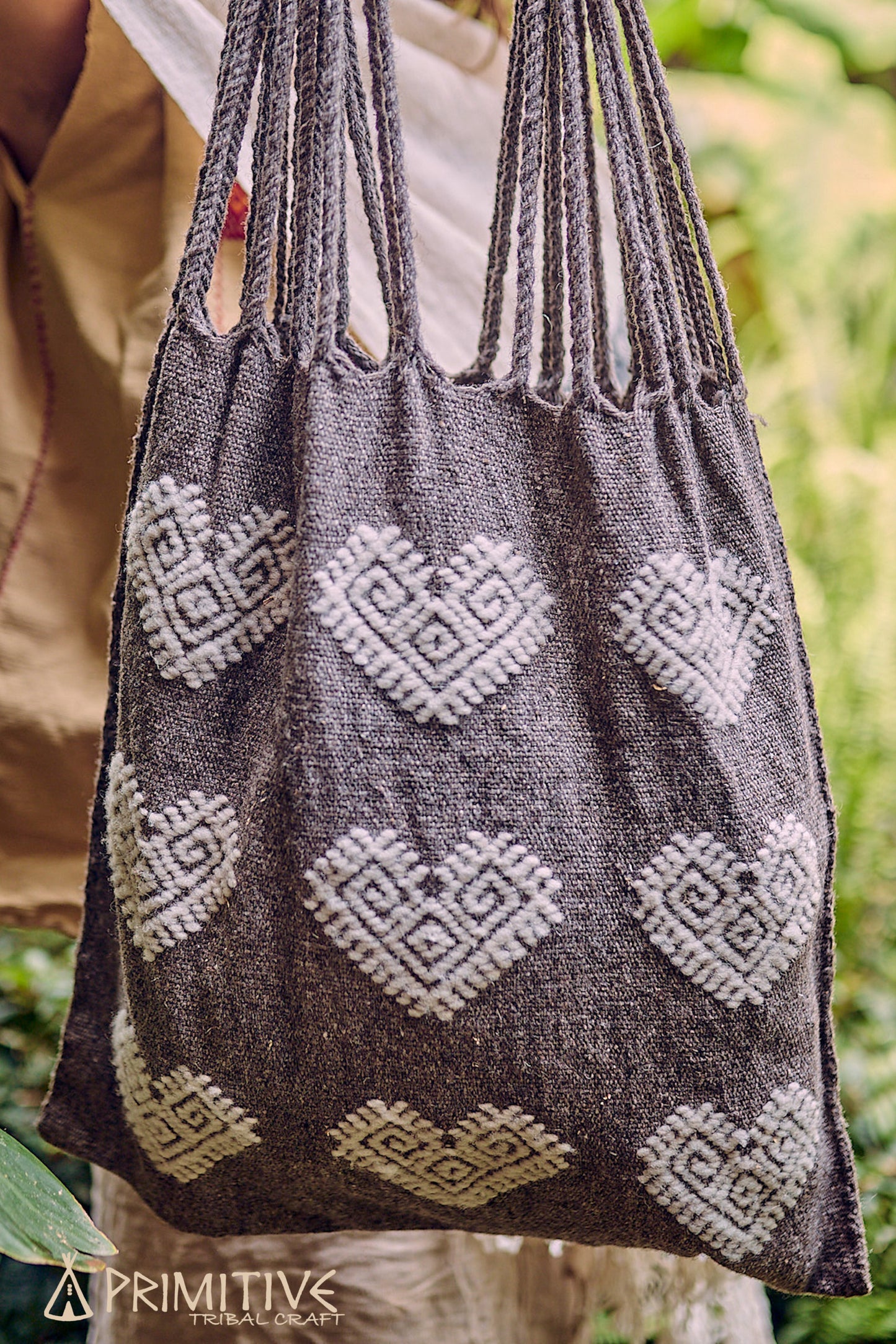 Traditional Backstrap Loom Natural Wool Bag ๑⋙ with Tribal Embroidery