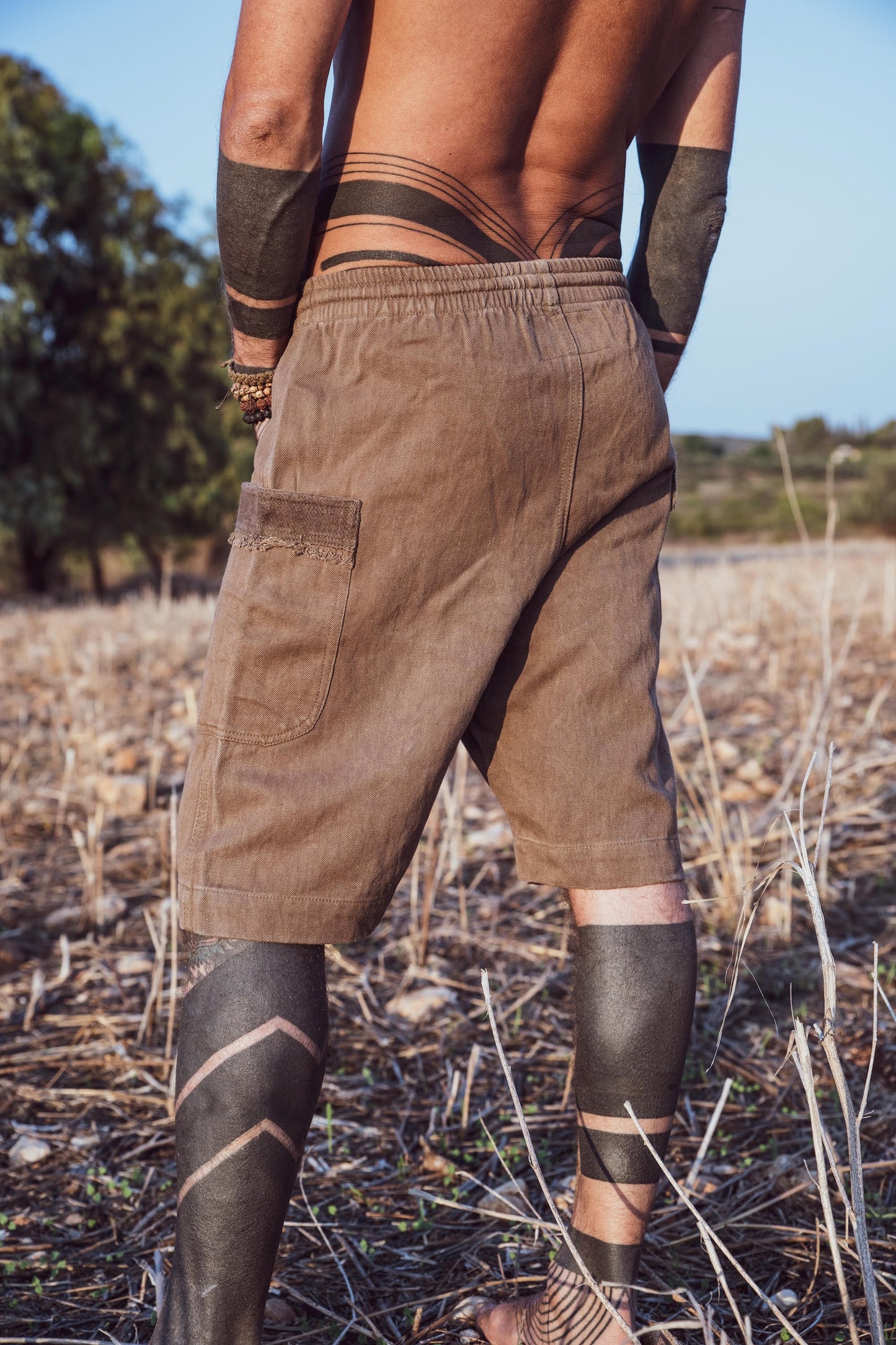 back view of brown hemp short pants