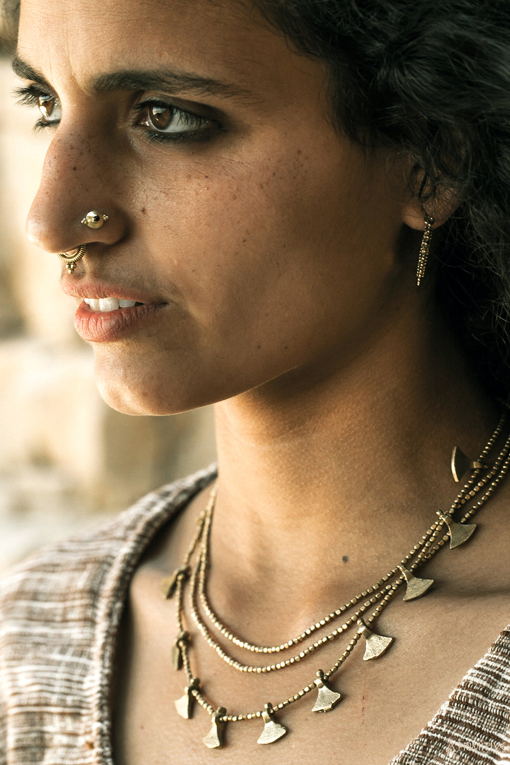 Tribal Brass Beaded Triangles Necklace ~