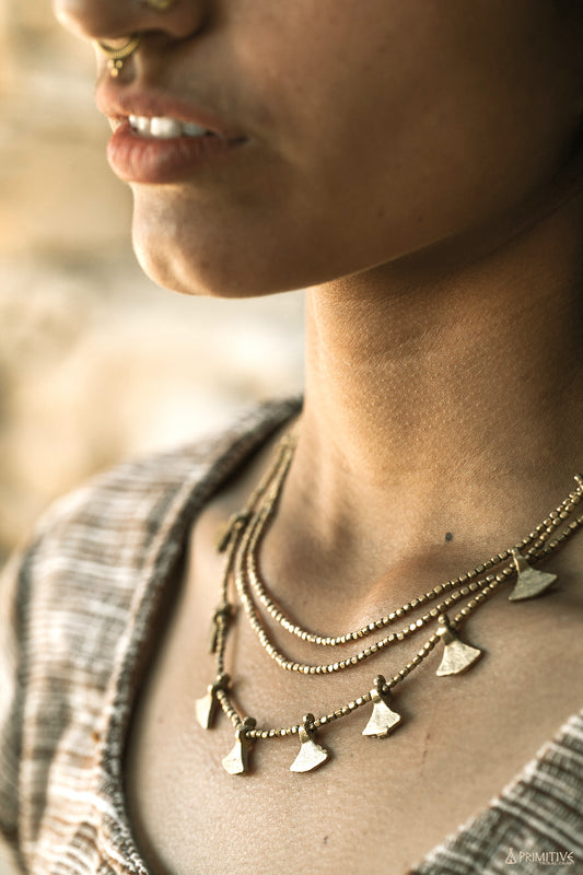 Tribal Brass Beaded Triangles Necklace ~