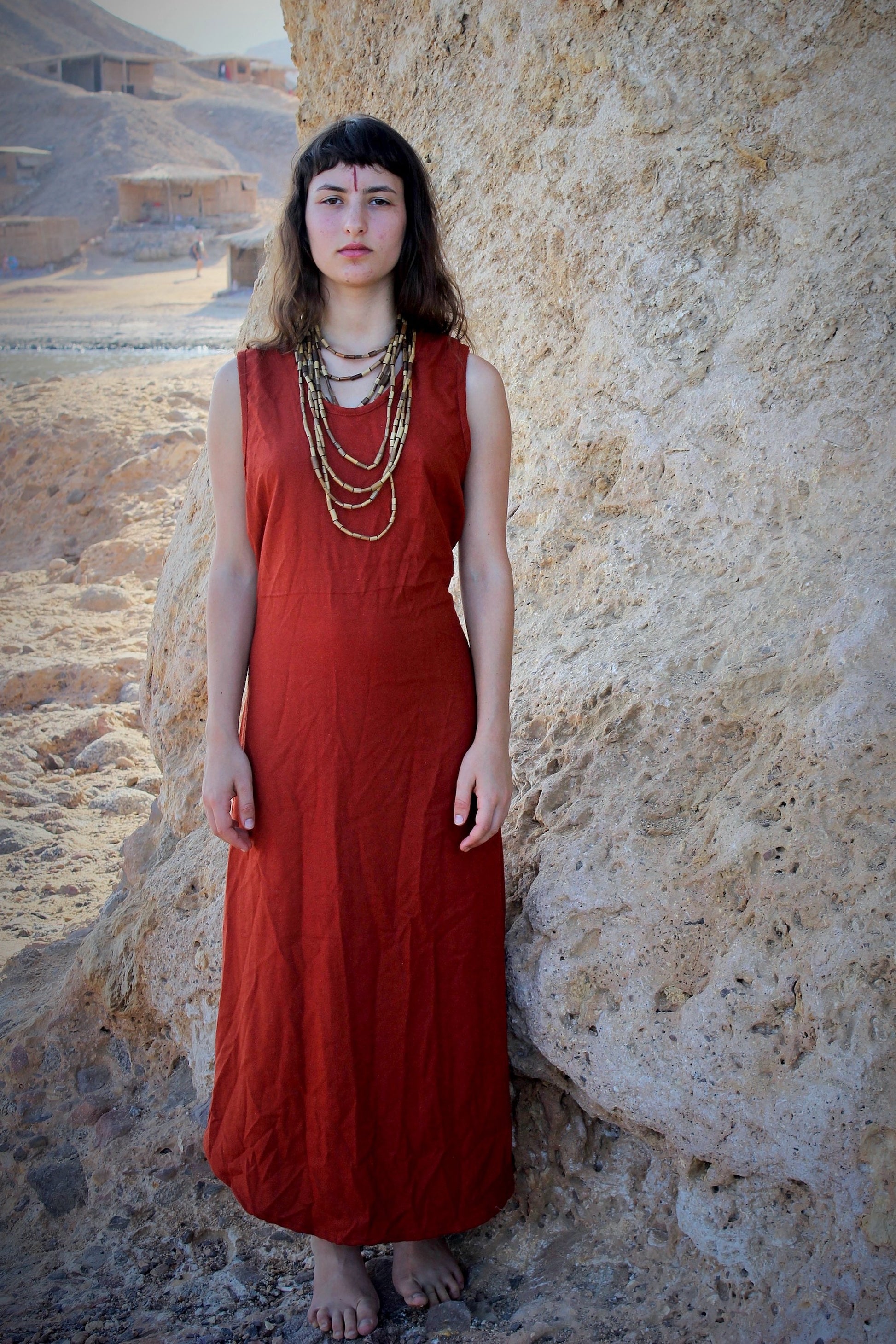 Sleeveless Long Maroon Dress ⋙ Handwoven Raw Silk