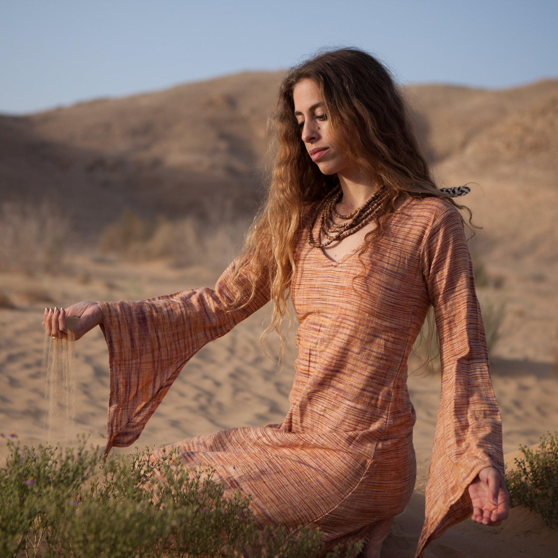 Wide Bell Sleeves Fairy Dress Handwoven Khadi Cotton Primitive Tribal Craft Wide Bell Sleeves Fairy Dress Handwoven Khadi Cotton Primitive Tribal Craft