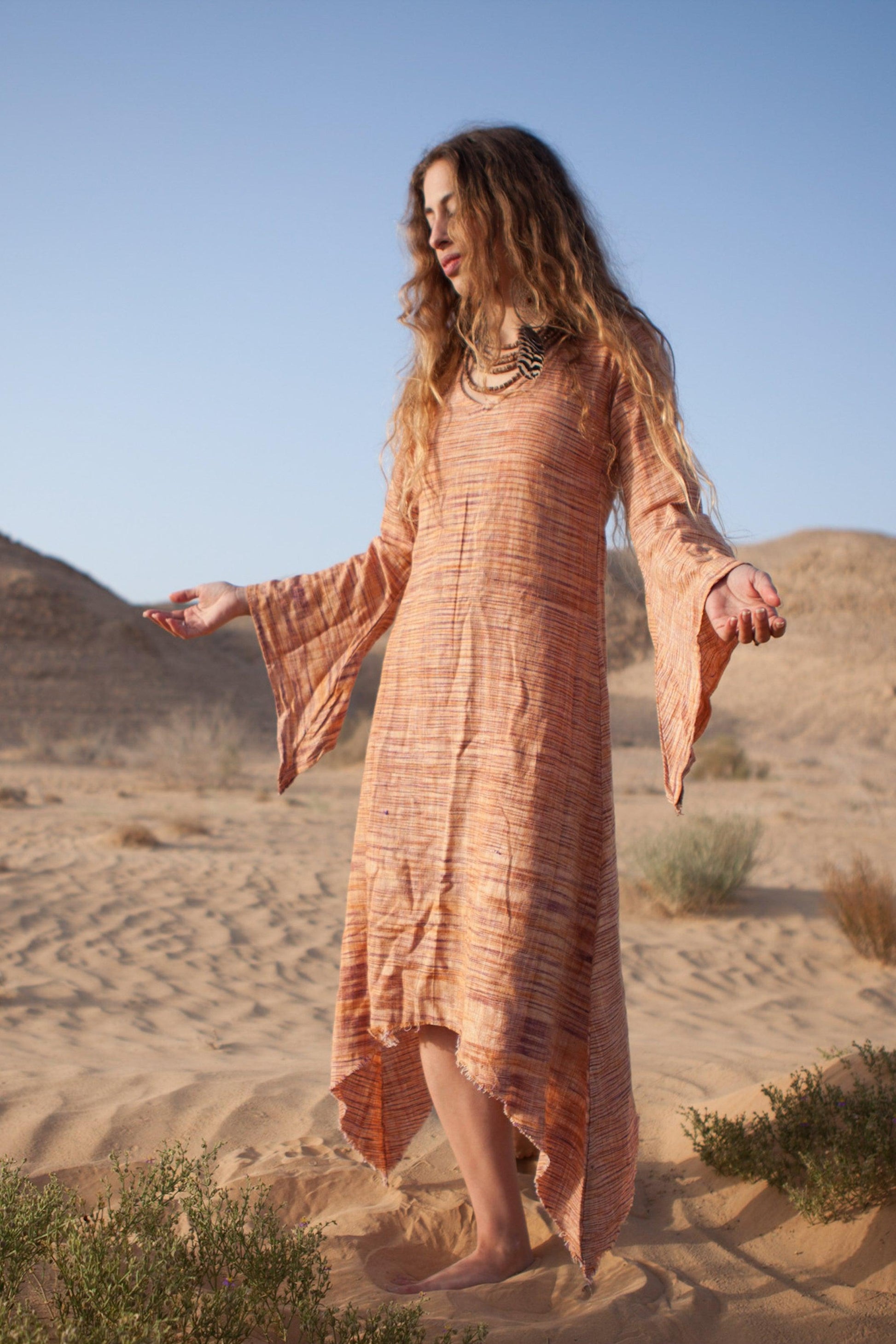 Wide Bell Sleeves Fairy Dress Handwoven Khadi Cotton Primitive Tribal Craft Wide Bell Sleeves Fairy Dress Handwoven Khadi Cotton Primitive Tribal Craft