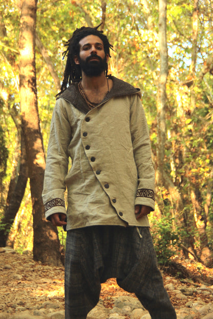 Men Jacket with Hoodie ⫸ made of Linen & Handwoven Wool ⫸ with Tribal Embroidery Pattern and Coconut Buttons