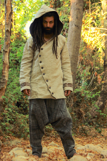 Men Jacket with Hoodie ⫸ made of Linen & Handwoven Wool ⫸ with Tribal Embroidery Pattern and Coconut Buttons
