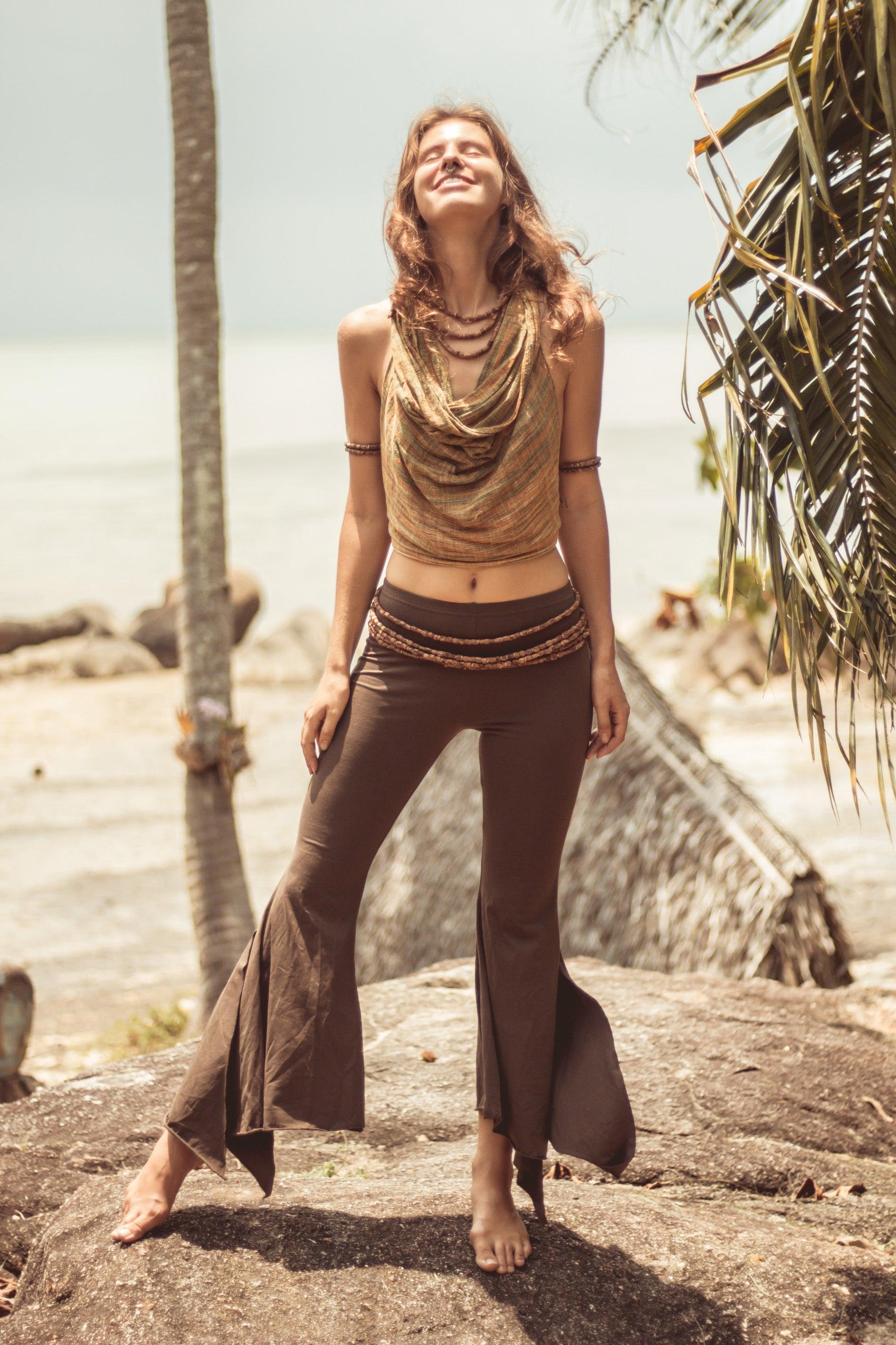 Brown stretch boho long leggings with geometric ethnic print, Gado