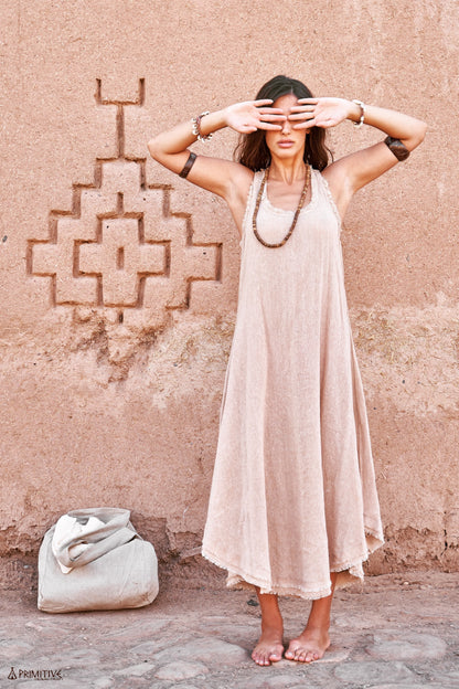Frayed Sleeveless Long Dress ⋙ Natural Cotton