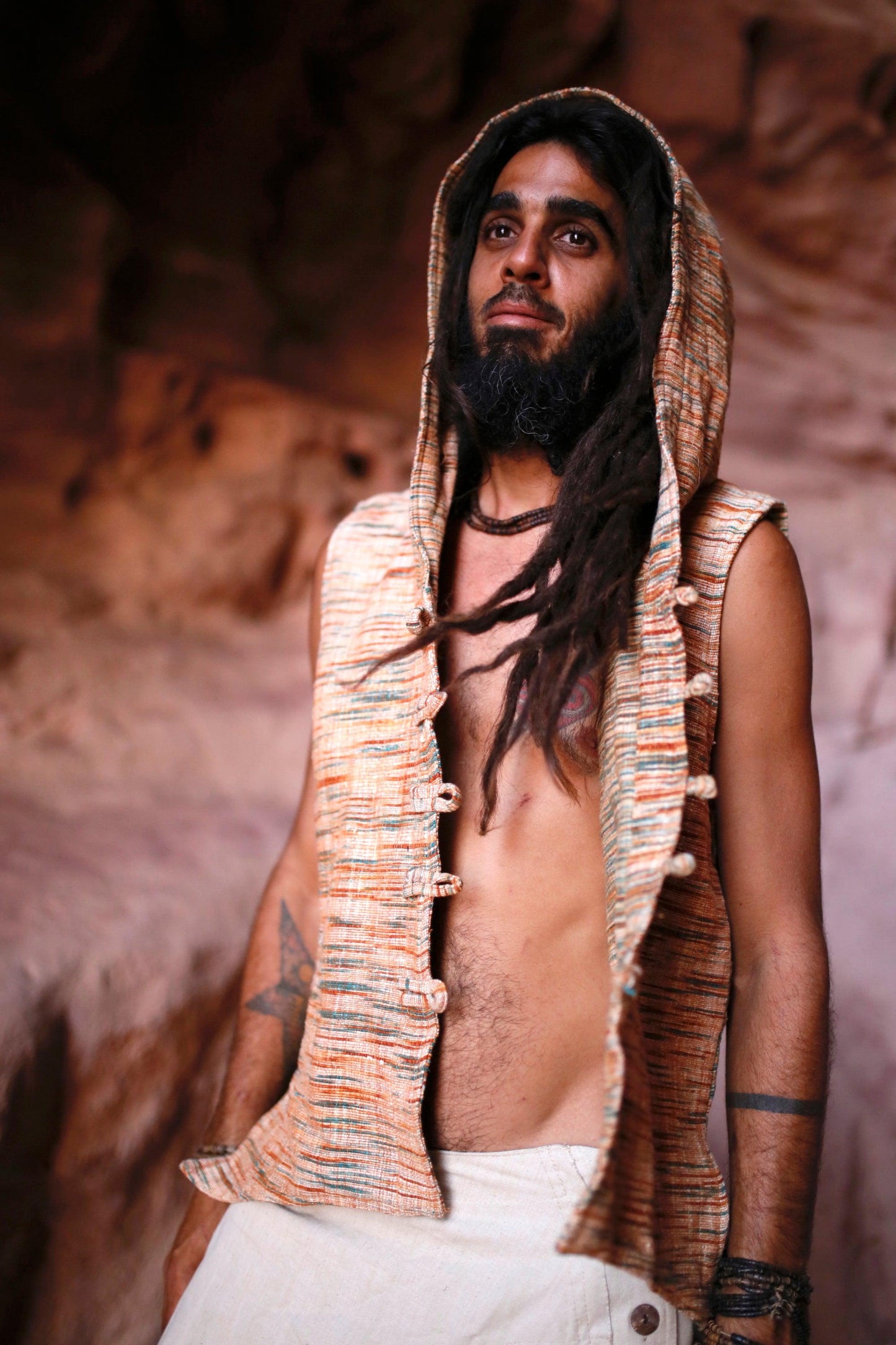 Tibetan Vest with Hoodie ๑⋙ Khadi Cotton