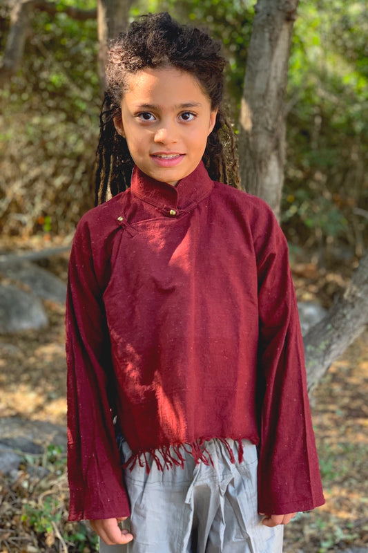 Tibetan Shirt For Boys ~ Maroon Special Handwoven Fabric ~