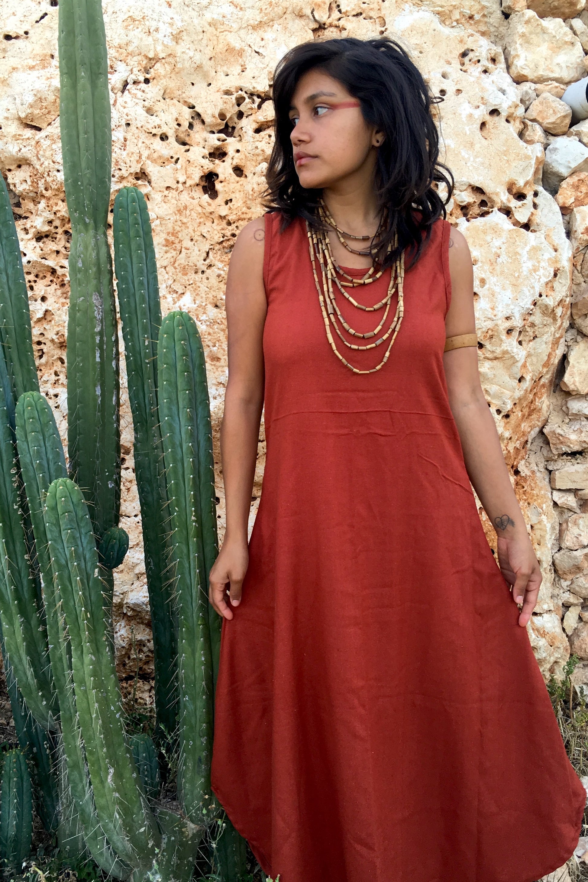 Sleeveless Long Maroon Dress ⋙ Handwoven Raw Silk