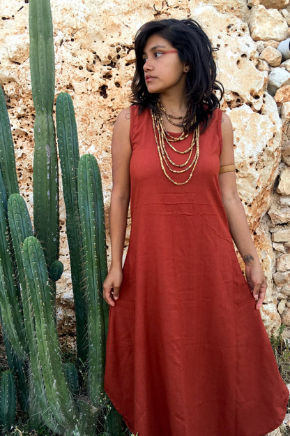 Sleeveless Long Maroon Dress ⋙ Handwoven Raw Silk