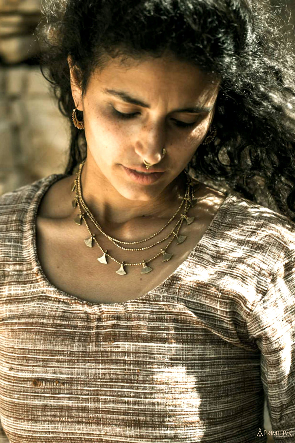 Tribal Brass Beaded Triangles Necklace ~