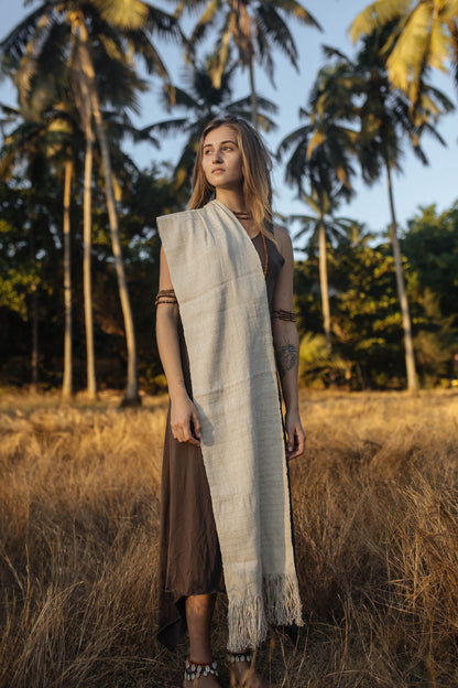 women wearing Handwoven Soft Hemp oversized scarf in nature